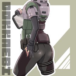 Rule 34 | 1girl, absurdres, armor, ass, belt, black gloves, black nails, black pants, character name, gloves, head out of frame, highres, korean text, long sleeves, nail polish, pants, partially fingerless gloves, rainbow six siege, simple background, solo, standing, tablet pc, udondon18, utility belt