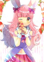 Rule 34 | 1girl, ;3, animal ear fluff, animal ears, bare shoulders, blush, bow, box, brown eyes, closed mouth, commentary request, dress, flower, food, fruit, gift, gift box, hair bow, hands up, holding, holding gift, indie virtual youtuber, kou hiyoyo, long hair, looking at viewer, magical momoka, navel, one eye closed, pink hair, plaid, pleated skirt, polka dot, polka dot bow, polka dot skirt, purple dress, rabbit ears, red bow, red skirt, sailor collar, skirt, sleeveless, sleeveless dress, solo, strawberry, strawberry blossoms, striped, striped background, vertical stripes, very long hair, virtual youtuber, white background, white flower, white sailor collar, wrist cuffs