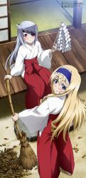 Rule 34 | 10s, 2girls, absurdres, ahoge, blonde hair, blue eyes, broom, cecilia alcott, eyepatch, from above, gohei, hairband, highres, infinite stratos, japanese clothes, laura bodewig, long hair, long image, looking back, megami magazine, miko, multiple girls, non-web source, official art, oonusa, outdoors, red eyes, silver hair, sitting, stick poster, tall image, veranda, yamamoto shuuhei