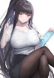 Rule 34 | 1girl, alternate costume, alternate hairstyle, black hair, black pantyhose, black skirt, blue archive, blunt bangs, casual, collarbone, commentary request, crossed legs, halo, highres, holding, holding tablet pc, id card, index finger raised, long hair, looking at viewer, pantyhose, parted lips, pencil skirt, ponytail, red eyes, rio (blue archive), shirt, short sleeves, shougun (chuckni1), sidelocks, simple background, sitting, skirt, solo, tablet pc, white shirt