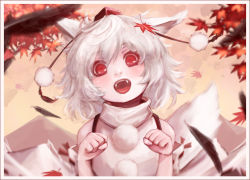 Rule 34 | 1girl, animal ears, autumn leaves, bare shoulders, detached sleeves, fangs, framed, hat, hat ribbon, hoshibuchi, inubashiri momiji, looking at viewer, open mouth, red eyes, ribbon, shirt, silver hair, sky, solo, tail, tokin hat, touhou, upper body, wolf ears, wolf tail