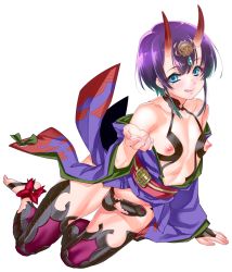 Rule 34 | 1boy, bare shoulders, blue eyes, collarbone, commentary request, cosplay, fate/grand order, fate (series), hair between eyes, highres, horns, licking lips, looking at viewer, male focus, nipples, oni, penis, purple hair, shirou, short hair, shuten douji (fate), shuten douji (fate) (cosplay), simple background, skin-covered horns, solo, testicles, thighhighs, tongue, tongue out, trap, white background