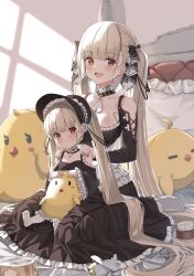 Rule 34 | 2girls, absurdly long hair, aged down, analog clock, artist name, as4gi, azur lane, bed, black dress, black nails, black ribbon, breasts, clock, collarbone, commentary, dated, detached sleeves, dress, dual persona, english commentary, formidable (azur lane), frilled sleeves, frills, grey hair, hair brush, hair ribbon, highres, large breasts, little formidable (azur lane), long hair, long sleeves, looking at viewer, manjuu (azur lane), multiple girls, nail polish, on bed, open mouth, red eyes, ribbon, signature, sitting, sitting on person, smile, stuffed animal, stuffed toy, toy airplane, twintails, twitter username, very long hair, wariza, wide sleeves