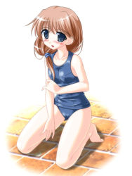 Rule 34 | 00s, 1girl, barefoot, blue eyes, breasts, brown hair, cameltoe, covered erect nipples, komaki ikuno, long hair, one-piece swimsuit, school swimsuit, small breasts, solo, swimsuit, to heart (series), to heart 2, yukimura hajime