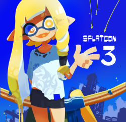 Rule 34 | 1girl, :d, arm behind back, asymmetrical hair, bike shorts, blonde hair, blouse, blue sky, blunt bangs, bow (weapon), braid, bright pupils, clear sky, crazy smile, day, eyebrows hidden by hair, eyes visible through hair, facing viewer, fangs, hc2002, head tilt, highres, inkling, inkling girl, inkling player character, long hair, looking at viewer, nintendo, no nose, octopus, open mouth, outdoors, pointy ears, shirt, skin fangs, sky, smile, solo, splatoon (series), splatoon 3, squid, t-shirt, tentacle hair, torn clothes, torn shirt, weapon, white pupils, white shirt, yellow eyes