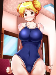 Rule 34 | 1girl, bakuon!!, blonde hair, blush, breasts, highres, one-piece swimsuit, school swimsuit, smile, solo, standing, suzunoki rin, swimsuit, twintails