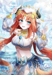 Rule 34 | 1girl, absurdres, bare shoulders, blue sky, blush, breasts, brooch, circlet, cloud, cowboy shot, detached sleeves, floating hair, forehead jewel, genshin impact, gold trim, hands up, harem outfit, highres, holding, horns, jewelry, large breasts, long hair, long sleeves, low twintails, navel, neck ring, nilou (genshin impact), ocean, open mouth, outdoors, parted bangs, pelvic curtain, puffy long sleeves, puffy sleeves, red hair, ryunbi, see-through, sidelocks, skirt, sky, smile, solo, stomach, teeth, twintails, vambraces, veil, vision (genshin impact), water