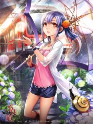 Rule 34 | 1girl, arm up, blue flower, blue hair, blue nails, blue shirt, boots, bracelet, brown eyes, brown footwear, day, denim, denim shorts, fingernails, flower, furyou michi ~gang road~, holding, holding umbrella, hydrangea, jewelry, kriss sison, lens flare, long hair, long sleeves, looking at viewer, nail polish, necklace, open clothes, open shirt, outdoors, rain, revision, rubber boots, sakimoto sari, shirt, shorts, sleeves rolled up, snail, solo, sparkle, standing, train, train station, train station platform, transparent, transparent umbrella, umbrella, watch, white shirt, wristwatch