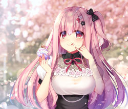 Rule 34 | 1girl, blurry, blurry background, blush, bow, bowtie, breasts, cherry blossoms, commentary request, cream, cream on face, dress, finger to own chin, food, food on face, hair between eyes, hair bow, hair ornament, highres, holding, holding food, lace, lace-trimmed dress, lace trim, long hair, looking at viewer, macaron, medium breasts, miharu (ringo sui), one side up, original, petals, pink eyes, pink hair, red bow, red bowtie, ringo sui, short sleeves, sidelocks, smile, solo, tongue, tongue out