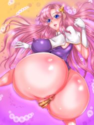 Rule 34 | 00s, 1girl, anus, anus peek, ass, blue eyes, blush, breasts, covered erect nipples, from behind, gloves, gundam, gundam seed, gundam seed destiny, hair ornament, highres, huge ass, huge breasts, kemomofu, leotard, long hair, looking at viewer, meer campbell, parted lips, partially visible vulva, pink hair, shiny clothes, shiny skin, smile, solo, star (symbol), star hair ornament, thong, thong leotard, very long hair