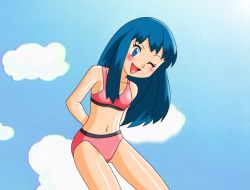 Rule 34 | 1girl, alternate costume, arms behind back, artist request, bikini, blue eyes, blue hair, blush, cloud, creatures (company), dawn (pokemon), game freak, long hair, navel, nintendo, one eye closed, open mouth, pokemon, solo, source request, swimsuit, wink