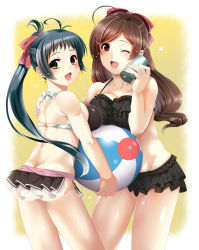 Rule 34 | 10s, 2girls, :d, ;d, ass, ball, bare shoulders, beachball, bikini, bikini skirt, black hair, blush, breast rest, breasts, brown eyes, brown hair, butt crack, can, chi gura-ya, cleavage, drink can, frilled bikini, frills, green hair, highres, huge breasts, irako (kancolle), kantai collection, large breasts, long hair, looking at viewer, mamiya (kancolle), multiple girls, one eye closed, open mouth, ponytail, red eyes, smile, soda can, swimsuit