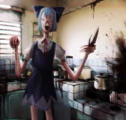 Rule 34 | 1girl, artist name, blood, blood drip, blood on wall, blue bow, blue dress, blue hair, bow, ceiling, christmas, cirno, counter, cowboy shot, dress, film grain, fingernails, flat chest, guro, hair bow, hands up, holding, holding knife, horror (theme), indoors, kitchen, knife, long fingernails, long neck, looking at viewer, neck ribbon, no eyebrows, open mouth, pinafore dress, pot, puffy short sleeves, puffy sleeves, red ribbon, ribbon, sharp fingernails, sharp teeth, short hair, short sleeves, skullchimes, sleeveless dress, solo, standing, teeth, touhou, upper teeth only, wall, wing collar