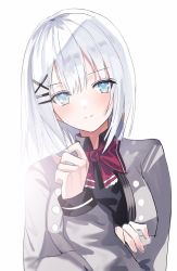 Rule 34 | 1girl, black shirt, blue eyes, blush, bow, bowtie, closed mouth, commentary, green night, grey jacket, hair ornament, hairclip, hand up, highres, jacket, light smile, long sleeves, looking at viewer, red bow, red bowtie, shirt, short hair, siesta (tantei wa mou shindeiru), silver hair, simple background, solo, tantei wa mou shindeiru, upper body, white background, x hair ornament