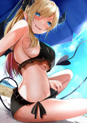 Rule 34 | 1girl, alternate costume, bad id, bad twitter id, beach, beach umbrella, bikini, bikini pull, black bikini, blonde hair, blue eyes, blush, breasts, clothes pull, commentary request, demon girl, demon horns, demon tail, demon wings, feet out of frame, frilled bikini, frills, full-face blush, fumihiko (fu mihi ko), highres, hololive, horns, lace trim, large breasts, lens flare, long hair, looking at viewer, looking down, nail polish, naughty face, outdoors, parted lips, ponytail, shadow, side-tie bikini bottom, sideboob, sidelocks, smile, solo, swept bangs, swimsuit, tail, thighs, umbrella, underboob, virtual youtuber, wet, winged heart, wings, yuzuki choco, yuzuki choco (hololive summer 2019)