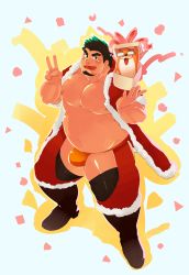 1boy, abs, artist self-insert, bara, bare pecs, belly, bikini briefs, black hair, blush, bulge, christmas, clothing cutout, crotchless, crotchless pants, english text, facial hair, fat, fat man, full body, fur-trimmed jacket, fur-trimmed legwear, fur trim, goatee, gradient hair, green hair, hat, higemorigen, highres, jacket, large pectorals, looking at viewer, male focus, male underwear, merry christmas, multicolored hair, muscular, muscular male, navel, nipples, orange male underwear, original, pectorals, santa costume, santa hat, short hair, solo, textless, thick thighs, thigh cutout, thighs, underwear, v