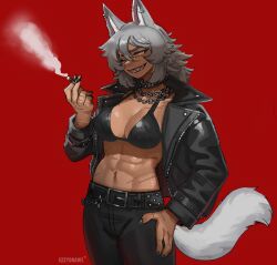 Rule 34 | 1girl, abs, absurdres, animal ears, belt, bikini, bikini top only, black belt, black bikini, black jacket, black nails, black pants, breasts, chain, chain necklace, cigarette, cleavage, collar, commentary request, cowboy shot, dark-skinned female, dark skin, ezzydraws, fingernails, grin, hair between eyes, highres, holding, holding cigarette, jacket, jewelry, large breasts, long bangs, long hair, looking afar, messy hair, muscular, muscular female, necklace, open clothes, open jacket, orange eyes, original, pants, red background, simple background, smile, smoking, solo, spiked collar, spikes, studded belt, swimsuit, tail, wolf ears, wolf girl, wolf tail