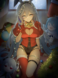Rule 34 | 1girl, absurdres, animal ears, bell, black hairband, black leotard, blue eyes, breasts, capelet, character doll, cleavage cutout, clothing cutout, covered navel, fake animal ears, fingerless gloves, gloves, gr greeze, grey hair, grin, hair between eyes, hairband, hare (honkai impact), heart cutout, highres, honkai (series), honkai impact 3rd, indoors, large breasts, leotard, long hair, looking at viewer, neck bell, rabbit ears, red capelet, red gloves, red shirt, red thighhighs, shirt, single thighhigh, sitting, skindentation, smile, solo, thigh gap, thigh strap, thighhighs, very long hair