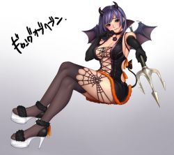 Rule 34 | 1girl, bare shoulders, black dress, black eyes, black gloves, black thighhighs, blush, breasts, choker, cleavage, collarbone, crossed legs, demon girl, demon horns, demon tail, demon wings, dress, elbow gloves, fang, foreshortening, full body, gang of heaven, gloves, high heels, holding, holding weapon, horns, lace, large breasts, looking at viewer, masami chie, official art, parted lips, platform footwear, pointing, pointing at viewer, polearm, purple hair, sandals, shoes, short dress, short hair, smile, solo, tail, thighhighs, toeless footwear, trident, weapon, wings