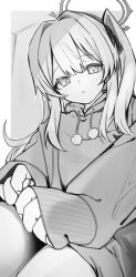 Rule 34 | 1girl, absurdres, blue archive, blush, greyscale, halo, highres, hood, hood down, hoodie, izuoku, long hair, long sleeves, looking at viewer, miyako (blue archive), monochrome, official alternate costume, one side up, parted lips, pom pom (clothes), solo