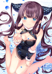 Rule 34 | 1girl, bare shoulders, blue eyes, blunt bangs, blush, breasts, china dress, chinese clothes, cleavage, detached sleeves, dress, fate/grand order, fate (series), large breasts, long hair, looking at viewer, nogi takayoshi, purple hair, side slit, sidelocks, smile, solo, twintails, very long hair, yang guifei (fate), yang guifei (second ascension) (fate)