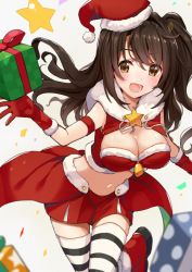 Rule 34 | 10s, 1girl, :d, alternate costume, armband, black thighhighs, blurry, blush, boots, breasts, brown eyes, brown hair, center opening, cleavage, commentary, depth of field, fur trim, gift, gloves, grey background, hair between eyes, haruken, hat, holding, holding gift, idolmaster, idolmaster cinderella girls, large breasts, leg up, long hair, looking at viewer, matching hair/eyes, midriff, miniskirt, navel, one side up, open mouth, red gloves, santa costume, santa hat, shimamura uzuki, side ponytail, skirt, smile, solo, star (symbol), striped clothes, striped thighhighs, teeth, thighhighs, thighs, wavy hair, white thighhighs