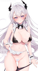 Rule 34 | 1girl, apron, artist name, bare shoulders, bikini, black bow, black bowtie, black panties, blush, bow, bowtie, breasts, censored, cleavage, closed mouth, cowboy shot, demon girl, detached collar, earrings, frills, gluteal fold, grey hair, heart, heart censor, highres, horns, jewelry, large breasts, licking lips, long hair, looking at viewer, maid, maid bikini, maid headdress, mole, mole under eye, narrow waist, navel, original, panties, panty pull, pointy ears, purple eyes, simple background, skindentation, smile, solo, swept bangs, swimsuit, thigh gap, tongue, tongue out, unconventional maid, underwear, very long hair, waist apron, white background, wrist cuffs, yukimiya yuge