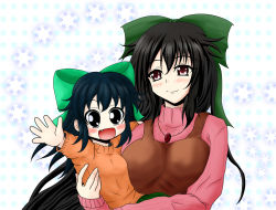 Rule 34 | 2girls, age difference, azumax, black hair, blue hair, blush, bow, carrying, child, child carry, contemporary, fang, female focus, hair bow, happy, jewelry, kokuu haruto, long hair, mature female, mother and daughter, multiple girls, necklace, open mouth, orange shirt, original, red eyes, reiuji utsuho, ribbon, shirt, smile, snowflakes, sweater, touhou, very long hair, waving, aged down