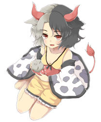 Rule 34 | 1girl, animal print, bad feet, bare shoulders, barefoot, black hair, breasts, cleavage, commentary request, cow girl, cow horns, cow print, cow tail, crop top, ellipsis (mitei), grey hair, haori, highres, horns, japanese clothes, multicolored hair, red horns, red tail, shorts, small breasts, split-color hair, statue, tail, tank top, toes, touhou, two-tone hair, ushizaki urumi, yellow shorts, yellow tank top
