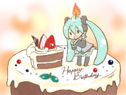 Rule 34 | 1girl, birthday, cake, candle, chibi, fire, fire, food, fruit, hatsune miku, in food, long hair, mini person, minigirl, pastry, sanpati, solo, standing, strawberry, twintails, very long hair, vocaloid