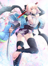 Rule 34 | 1girl, ahoge, ass, bare shoulders, barefoot, batatata77, black gloves, black thighhighs, breasts, cherry blossoms, elbow gloves, fate/grand order, fate (series), feet, gloves, grey eyes, haori, highres, japanese clothes, katana, kimono, koha-ace, leg up, no shoes, okita souji (fate), okita souji (koha-ace), panties, petals, pink hair, scarf, shinsengumi, short hair, short kimono, sideboob, sleeveless, sleeveless kimono, smile, soles, solo, sword, thighhighs, thighs, toeless legwear, toes, underwear, unsheathed, weapon