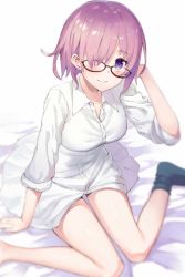 Rule 34 | 1girl, arm support, bed sheet, black-framed eyewear, black socks, blurry, blush, bottomless, buttons, closed mouth, collared shirt, depth of field, dress shirt, fate/grand order, fate (series), from above, glasses, hair over one eye, haru (hiyori-kohal), long sleeves, looking at viewer, mash kyrielight, naked shirt, no shoes, on bed, one eye covered, purple eyes, purple hair, shirt, short hair, simple background, single sock, sitting, sleeves rolled up, smile, socks, solo, wariza, white background, white shirt