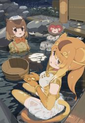 Rule 34 | 3girls, animal ears, blonde hair, blush, bow, bowtie, brown eyes, brown hair, brown shirt, capybara (kemono friends), capybara girl, circlet, coat, commentary request, elbow gloves, frilled skirt, frills, fur trim, gloves, golden snub-nosed monkey (kemono friends), grey coat, grey fur, highres, japanese macaque (kemono friends), kemono friends, kunikuni (kunihiro2005), leotard, long hair, long sleeves, looking at viewer, monkey ears, monkey girl, monkey tail, multiple girls, onsen, orange bow, orange bowtie, orange gloves, parka, partially submerged, ponytail, red hair, shirt, short hair, skirt, suspenders, tail, thighhighs, towel, towel on head, yellow leotard, yellow thighhighs, zettai ryouiki