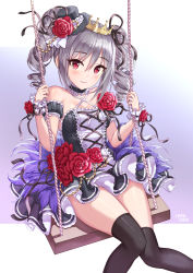 Rule 34 | 1girl, bare shoulders, black hat, black ribbon, black thighhighs, blush, breasts, cleavage, closed mouth, collar, crown, detached collar, detached sleeves, dress, drill hair, flower, frilled collar, frilled dress, frills, grey hair, hair between eyes, hair ribbon, hamahama, hat, highres, idolmaster, idolmaster cinderella girls, kanzaki ranko, lips, long hair, looking at viewer, mini hat, mini top hat, red eyes, red flower, red rose, ribbon, ribbon trim, rose, simple background, sitting, smile, solo, swing, swing set, thighhighs, top hat, twin drills, twintails, wrist cuffs