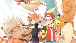 Rule 34 | 2boys, arcanine, backpack, bag, blue oak, charizard, closed mouth, commentary request, creatures (company), electricity, frown, game freak, gen 1 pokemon, hat, highres, holding, holding poke ball, huan li, jacket, male focus, multiple boys, nintendo, pants, pidgeot, pikachu, poke ball, poke ball (basic), pokemon, pokemon (creature), pokemon frlg, purple pants, red (pokemon), red headwear, shirt, short hair, short sleeves, sleeveless, sleeveless jacket, smile, spiked hair, split mouth, t-shirt, wristband, yellow bag