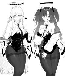 Rule 34 | 2girls, absurdres, alternate costume, anger vein, blue archive, blunt ends, blush, breasts, closed mouth, detached collar, greyscale, halo, headphones, heart, highres, jacket, jacket partially removed, large breasts, leotard, long hair, long sleeves, looking at viewer, monochrome, multiple girls, necktie, noa (blue archive), off shoulder, open clothes, open jacket, pantyhose, playboy bunny, plentyofempty, sidelocks, simple background, sketch, smile, spoken anger vein, spoken heart, strapless, strapless leotard, two side up, yuuka (blue archive)