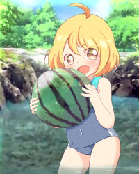 Rule 34 | 1girl, :d, absurdres, ahoge, ball, beachball, blonde hair, blush, brown eyes, child, covered navel, day, dr. stone, food, fruit, highres, jpeg artifacts, looking at viewer, one-piece swimsuit, open mouth, outdoors, see-through, short hair, smile, solo, standing, suika (dr. stone), swimsuit, thighs, toruu (kzpm2483), wading, water, watermelon, wet
