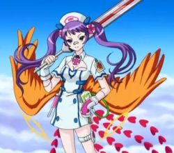 Rule 34 | 10s, angel feather, cardfight!! vanguard, crimson mind baruch, gloves, hat, heart, looking at viewer, lowres, nurse, nurse cap, purple eyes, purple hair, thermometer, twintails, wings