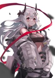 Rule 34 | 1girl, arknights, bare shoulders, black collar, black gloves, breasts, collar, collarbone, commentary, cowboy shot, crop top, gloves, hammer, highres, holding, holding hammer, holding weapon, horns, infection monitor (arknights), juni (hetarej), long hair, long sleeves, looking at viewer, material growth, medium breasts, mudrock (arknights), mudrock (elite ii) (arknights), off shoulder, open clothes, oripathy lesion (arknights), parted lips, pointy ears, red eyes, sarashi, simple background, solo, sports bra, standing, stomach, weapon, white background, white hair
