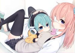 Rule 34 | 1boy, 1girl, age difference, black thighhighs, blue eyes, blue hair, blush, grabbing another&#039;s breast, eyepatch, grabbing, headphones, hetero, lying on person, nei (os), original, os (os fresa), pink hair, pointy ears, souta (os), thighhighs, twitter username