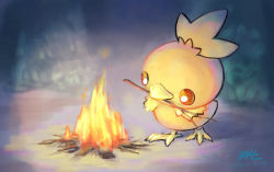 Rule 34 | bonfire, commentary request, creatures (company), dated, fire, game freak, gen 3 pokemon, looking down, mouth hold, nintendo, no humans, null suke, pokemon, pokemon (creature), solo, standing, stick, torchic, yellow fur