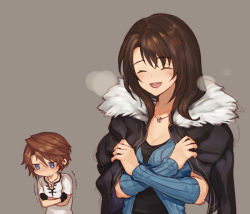 Rule 34 | 1boy, 1girl, arm warmers, black hair, blue eyes, breasts, brown hair, coat, dress, final fantasy, final fantasy viii, gloves, jewelry, long hair, necklace, open mouth, rinoa heartilly, sasanomesi, simple background, smile, squall leonhart, square enix