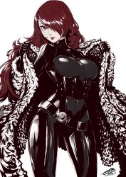 Rule 34 | absurdres, artist name, black bodysuit, bodysuit, colored skin, cowboy shot, fur, highres, kirijou mitsuru, latex, lipstick, long hair, looking at viewer, makeup, persona, persona 3, persona 4: the ultimate in mayonaka arena, red eyes, red hair, signature, skin tight, thighs, white background, white skin