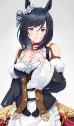 Rule 34 | 1girl, absurdres, animal ears, bare shoulders, black hair, blouse, bob cut, breasts, cleavage, clothing cutout, eishin flash (umamusume), german clothes, hand on own chest, highres, horse ears, horse girl, looking at viewer, shirt, shoulder cutout, simple background, solo, tamayume, umamusume, white background, white shirt