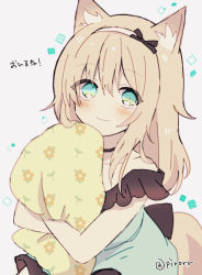 Rule 34 | 1girl, animal ear fluff, animal ears, arknights, bare shoulders, blue dress, blue eyes, blush, brown hair, closed mouth, commentary request, dress, floral print, frilled dress, frills, grey background, hair between eyes, looking at viewer, hugging object, off-shoulder dress, off shoulder, official alternate costume, pillow, pillow hug, pirorr, podenco (arknights), simple background, smile, solo, tail, translation request, twitter username