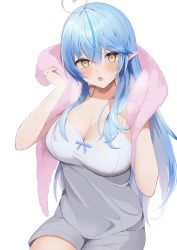 Rule 34 | 1girl, absurdres, ahoge, alternate costume, argule0901, blue hair, blush, breasts, breath, camisole, casual, cleavage, commentary, cowboy shot, hair between eyes, heart, heart ahoge, heavy breathing, highres, holding, holding towel, hololive, large breasts, light blue hair, long hair, looking at viewer, multicolored hair, open mouth, pointy ears, short shorts, shorts, sidelocks, simple background, solo, streaked hair, sweat, towel, two-tone hair, virtual youtuber, white background, white camisole, white shorts, yellow eyes, yukihana lamy