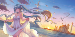 Rule 34 | 1girl, absurdres, aqua eyes, backlighting, bare arms, bare shoulders, beach, bird, breasts, building, cleavage, closed mouth, cloud, collarbone, dress, floating hair, green eyes, hatsune miku, highres, ice (icepuli), lens flare, lighthouse, long hair, looking at viewer, ocean, seagull, seashell, shell, skirt hold, small breasts, smile, solo, starfish, sun, sundress, sunlight, thighs, twintails, very long hair, vocaloid, water, white dress, wind, wind lift, windmill
