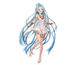 Rule 34 | 10s, 1girl, barefoot, blue eyes, blue hair, bridal gauntlets, collar, dress, full body, gem, granblue fantasy, jewelry, long hair, looking away, lyria (granblue fantasy), minaba hideo, no panties, official art, open mouth, see-through, short dress, smile, solo, thigh strap, thighlet, transparent background, white dress