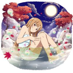 Rule 34 | 1girl, asuna (sao), autumn leaves, barefoot, blush, breasts, brown eyes, brown hair, cleavage, collarbone, feet, full body, full moon, highres, leaf, long hair, looking at viewer, maple leaf, medium breasts, moon, naked towel, night, official art, onsen, outdoors, partially submerged, sitting, smile, solo, sparkle, sword art online, toes, towel, transparent background, very long hair, white towel