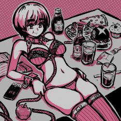 Rule 34 | 1girl, :t, akairiot, alcohol, animal collar, apple, bdsm, between breasts, bondage, bound, bra, breasts, cellphone, collar, cupcake, eyebrows visible through hair, food, food on breasts, fruit, glass, highres, leash, limited palette, lying, medium breasts, mole, mole under eye, multicolored hair, navel, on back, on table, original, panties, phone, pizza slice, short hair, skindentation, smartphone, solo, striped, striped legwear, table, thick eyebrows, thighhighs, thighs, two-tone hair, underwear, underwear only, vertical-striped legwear, vertical stripes, wrist straps